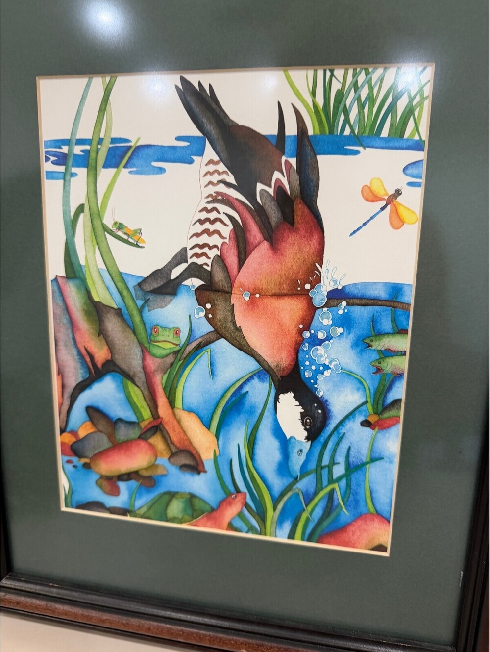 Framed Watercolor Painting of a Bird Diving in Pond Scene - Picture 6 of 7